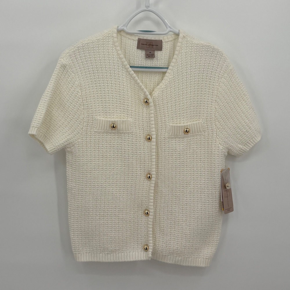 French Connection Womens Short Sleeve Cardigan Sweater Cream Gold Buttons M NEW